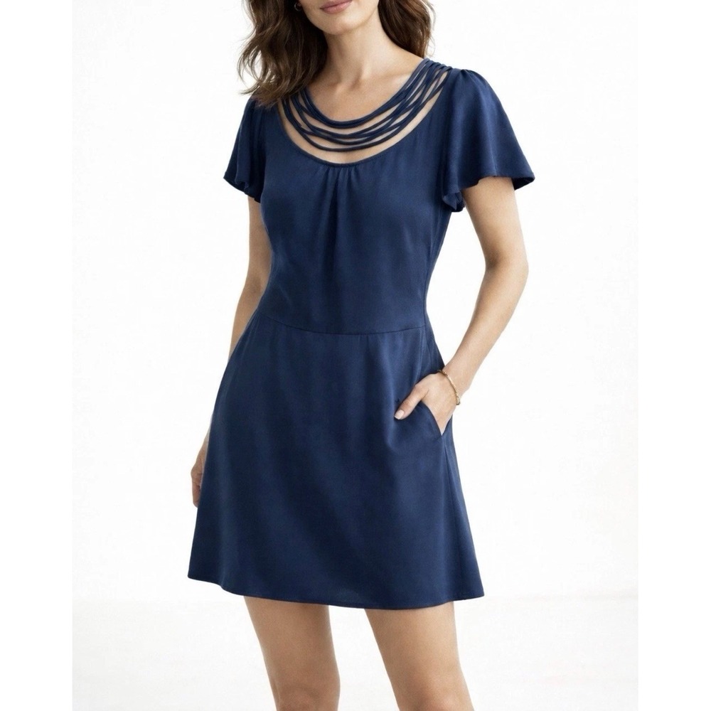 Loeffler Randall Navy Blue‎ 100% Silk Cage Neck Mini Dress with Pockets Size 6